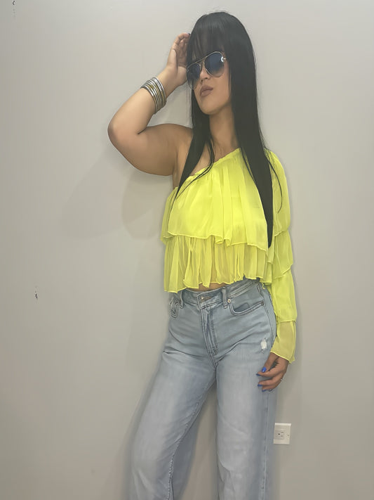 TIERED SLEEEVE ONE SHOULDER TOP LIGHT LIME