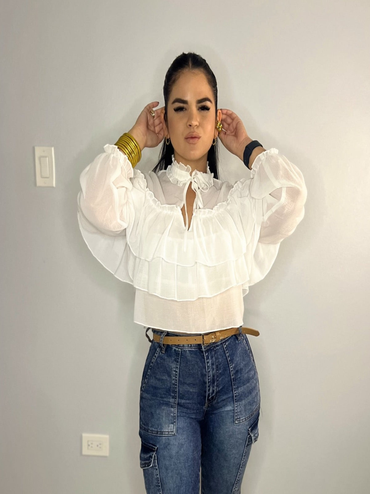 Ruffle front sheer blouse